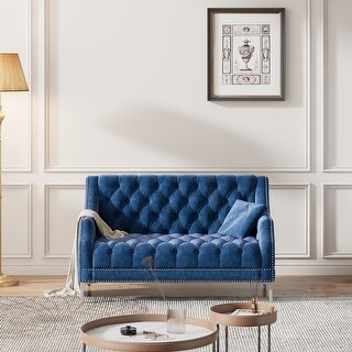 Small Space Blue Button Tufted Upholstered Sofa with Metal Legs - Bed ...