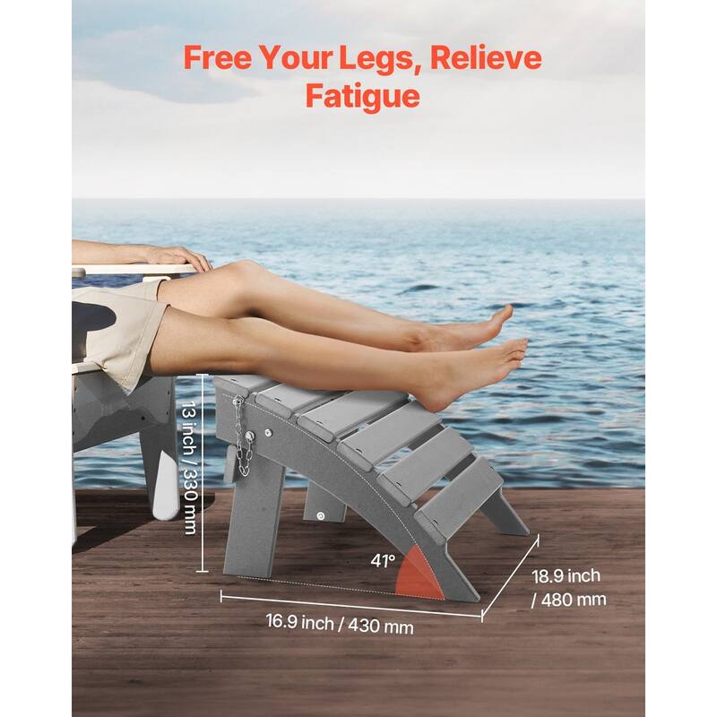 Grey HDPE Folding Adirondack Ottoman Footrest with Slatted Surface Ideal Use for Patio or Balcony - 16.9” x 18.9” x 13”
