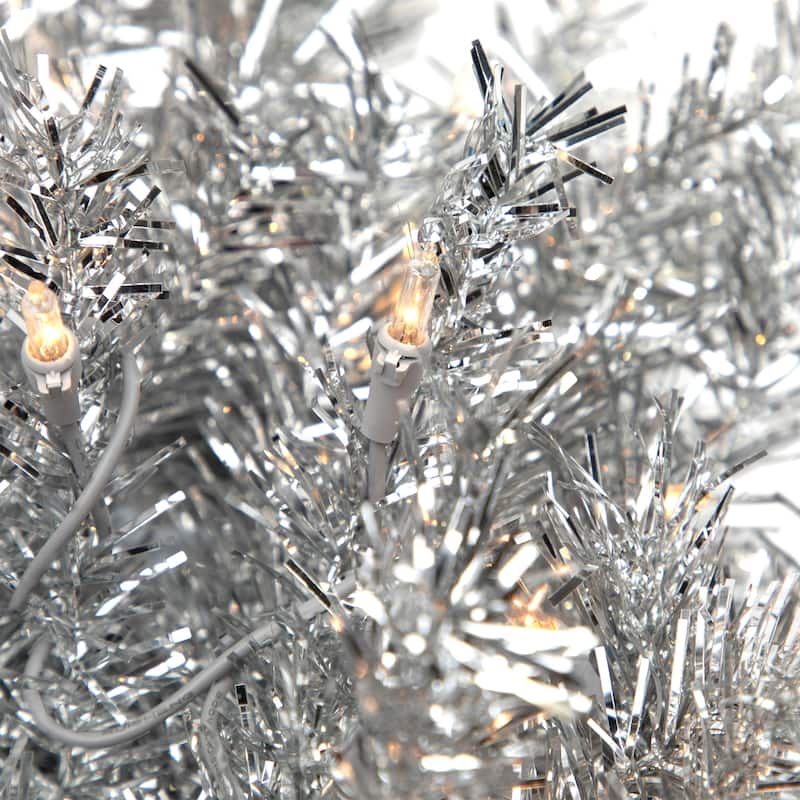 36" Pre-Lit Silver Tinsel Artificial Christmas Wreath Clear Lights