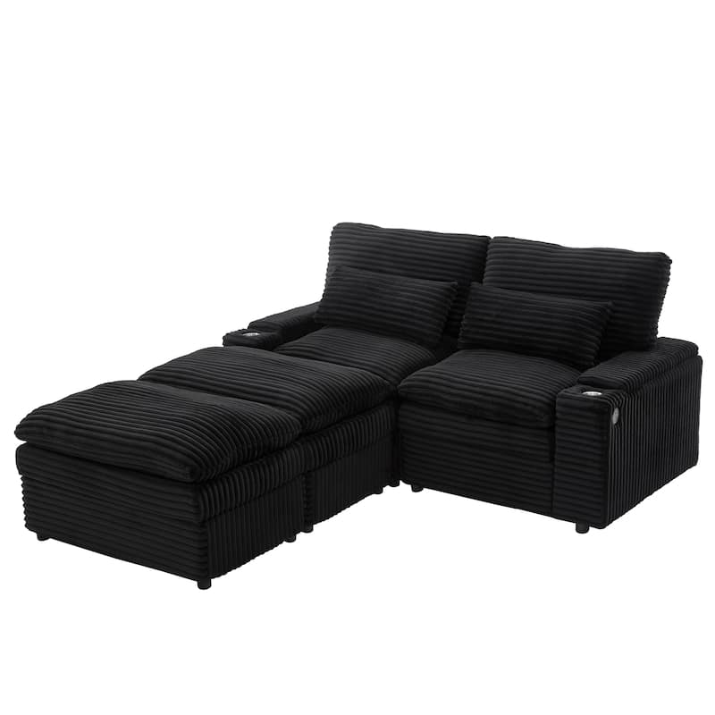 Corduroy Modular Sectional Sofa with USB Ports & Cup Holders, 2 Seat Couch Loveseat with 2 Ottomans Convertible Sleeper Sofa Bed