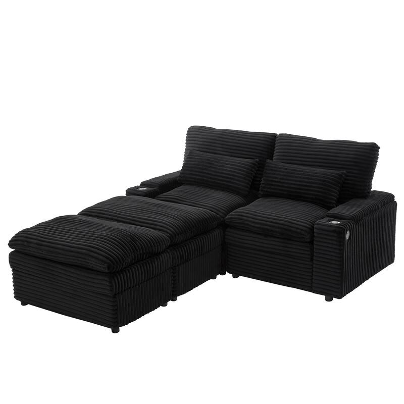 L-Shaped Corduroy Sectional Sofa w/ USB Ports & Cup Holders, 2-seater Sofa Loveseat w/ 2 Ottomans, Convertible Sleeper Sofa Bed