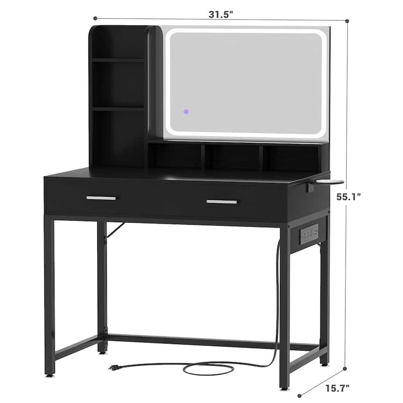 Makeup Vanity Desk with Drawers and Adjustable Lighting Mirror, Vanity Table with Charging Station and Shelves