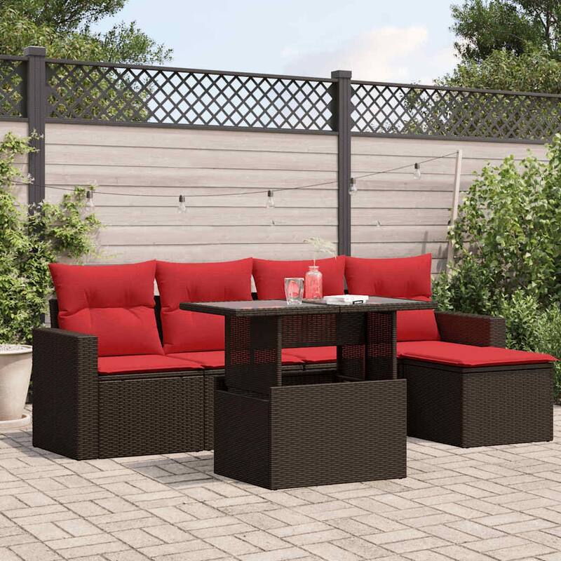 vidaXL Patio Sofa Set with Cushions and Table Outdoor 6 Piece Poly Rattan - 21.7 x 24.4 x 27.2 - Brown without storage