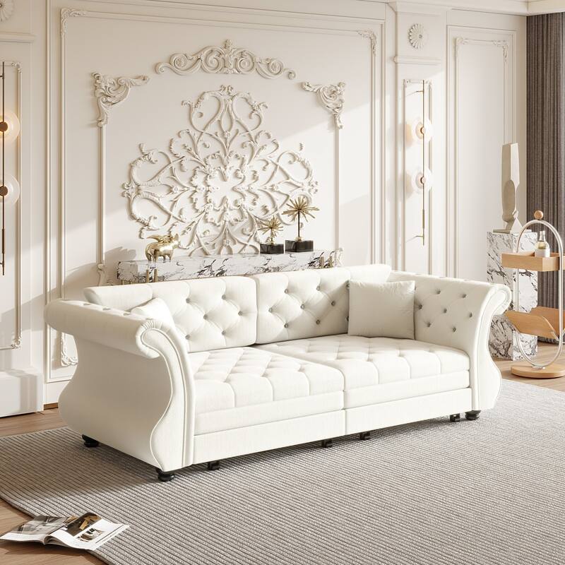 83.8" Velvet Sofa with Pull Out Bed with Rolled Arm and Flower Tufting