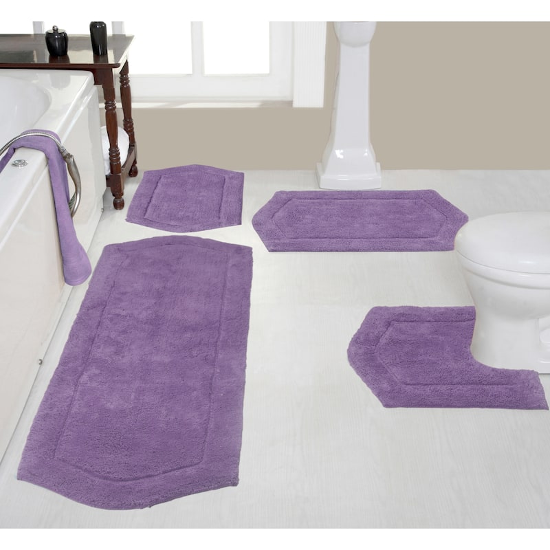 Waterford Collection 100% Cotton Non-Slip Bathroom Rug Set, Machine Washable Bath Rug, 4 Piece Bath Mat Set with Contour - Purple