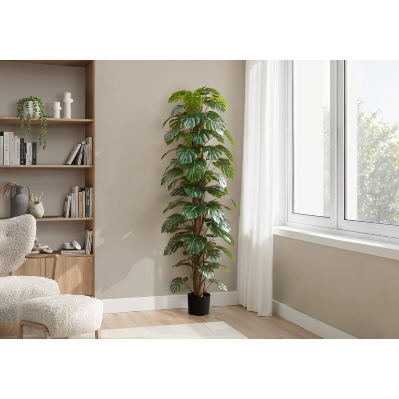 Artificial Plant, 83" Tall, Monstera Tree, Floor, Indoor, Decorative, Green Leaves, Black Pot - Green