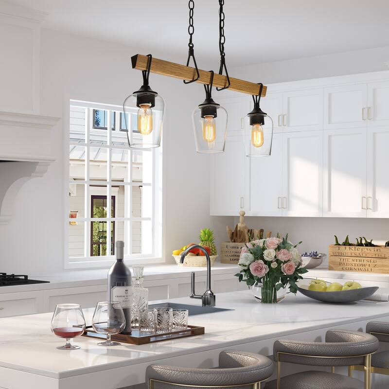 Farmhouse Rustic 3-light Linear Chandelier Clear Glass Island Lights for Dining Room