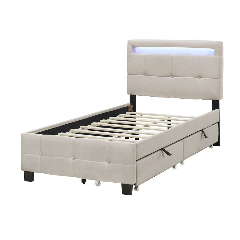 Twin Size Linen Upholstered Platform Bed with LED and 2 Drawers