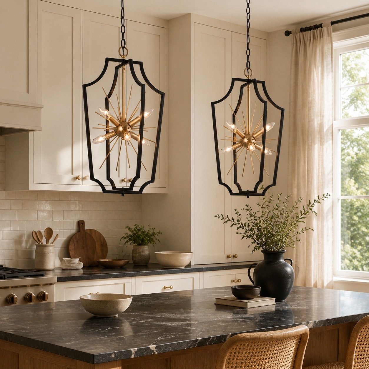Modern Glam 6-Light Black Gold Sputnik Chandelier Cage Pendant Light for Dining Room - 14.5'' D x 26.5'' H