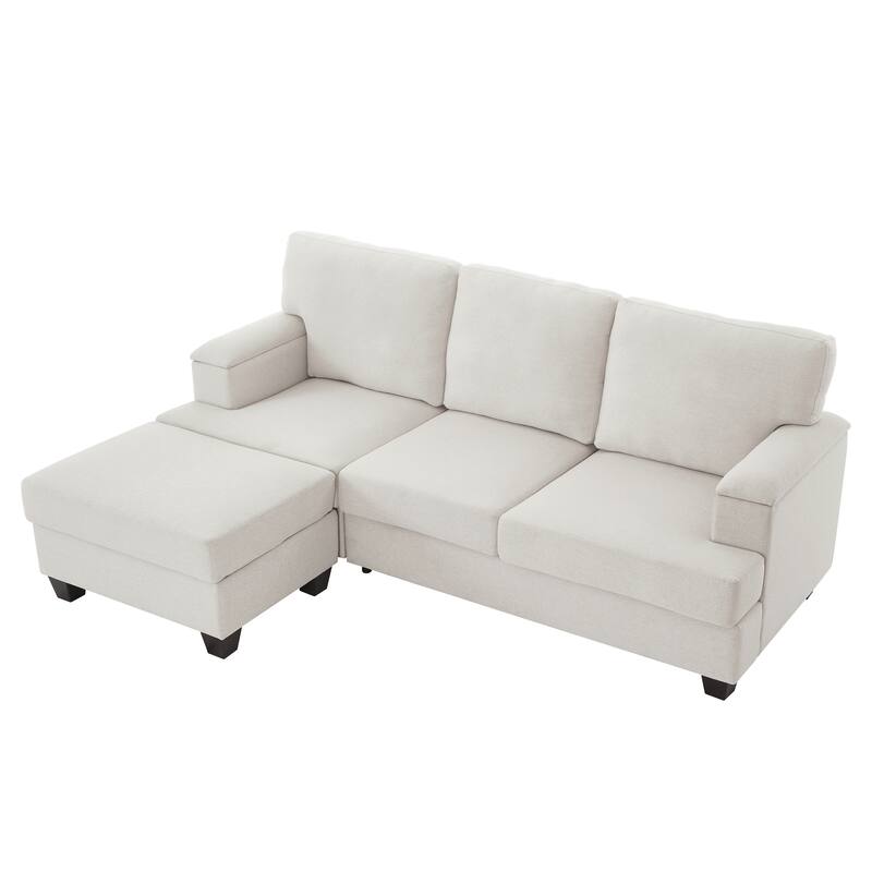 L Shaped 3 Seats Sofa with Armrest Organizer, Linen Sectional Sofa with Movable Ottoman, Comfy Upholstered 3 Seater Couch,