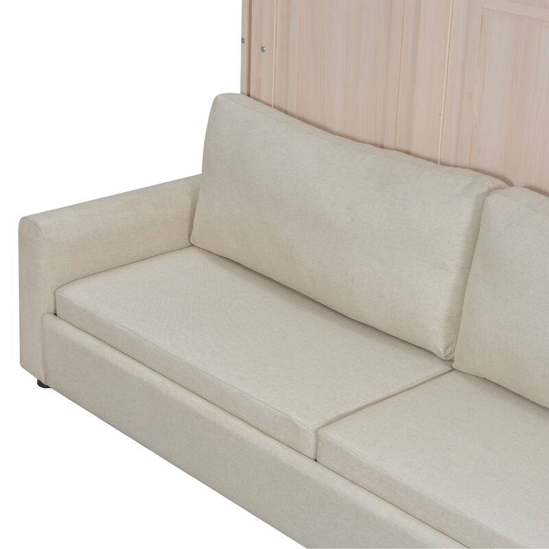 Queen Size Murphy Bed with Upholstered Sofa and Top LED, Beige, Space Saving Foldable Platform Bed Frame
