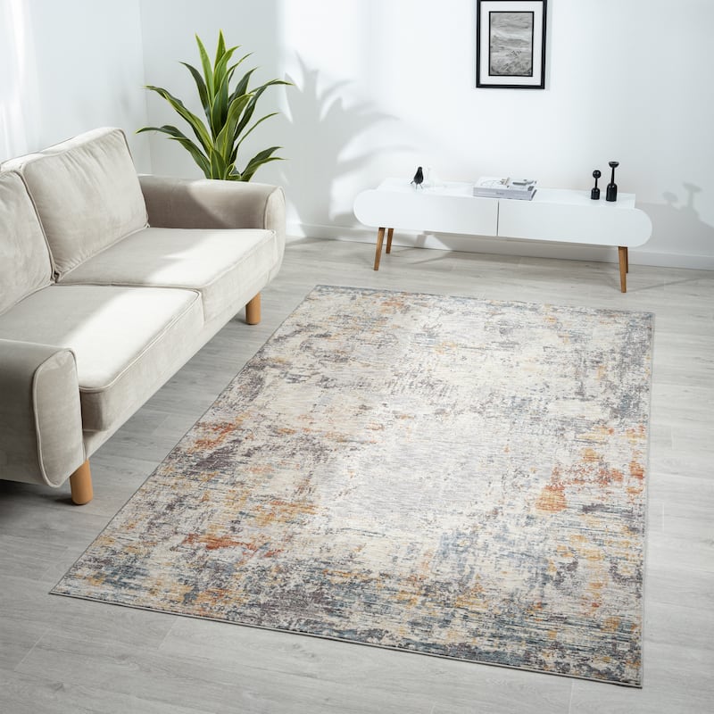 Reeves Modern Abstract Blue/Beige Performance Indoor Area Rug by Sevita - 2' x 8'