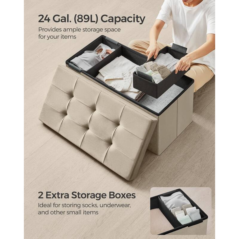 Storage Ottoman, Foldable Velvet Storage Bench, 2 Extra Storage Boxes, 15 x 30 x 15 Inches, 660 lb Load Capacity, for Entryway