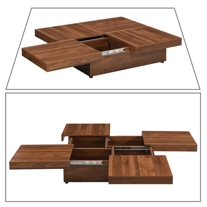Wooden Square Coffee Table, with Four Storage Compartments Underneath Sliding Top