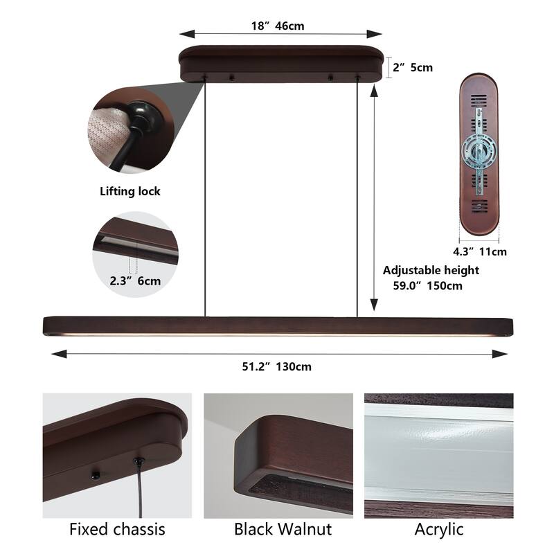 51-inch Walnut Wood Modern LED Pendant Light, Adjustable Hanging Light for Dining Room, Kitchen, Living Room
