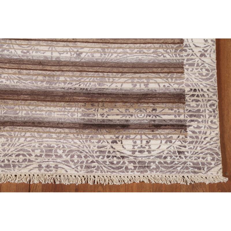 Striped Abstract Accent Rug Handmade Beige Wool Carpet - 2'8"x 4'8"