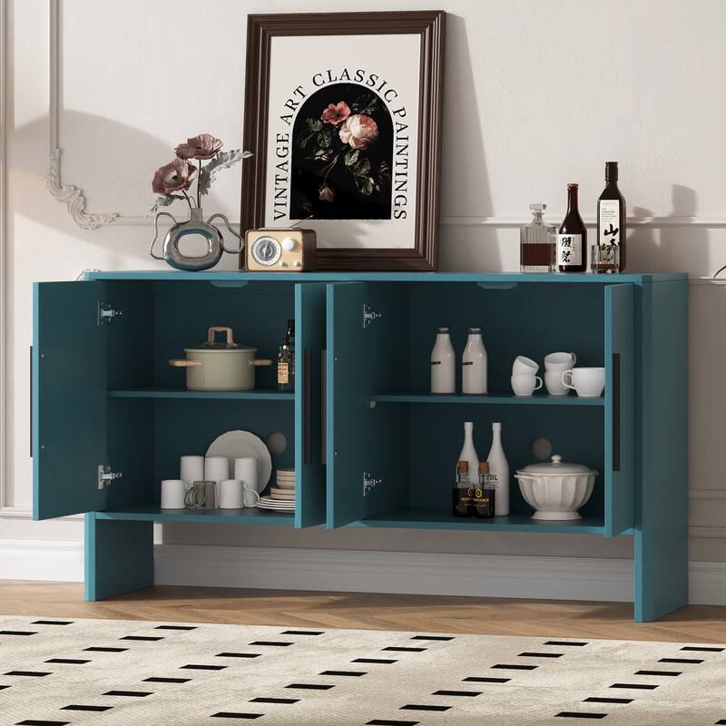 4-Door Retro Sideboard with Adjustable Shelves, Large Storage Cabinet, Antique Blue