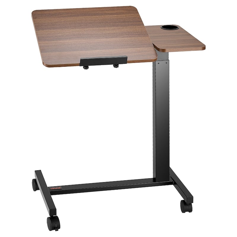 Wood and Black Adjustable Overbed Table with Electric Lift, Tilting Top and Wheels