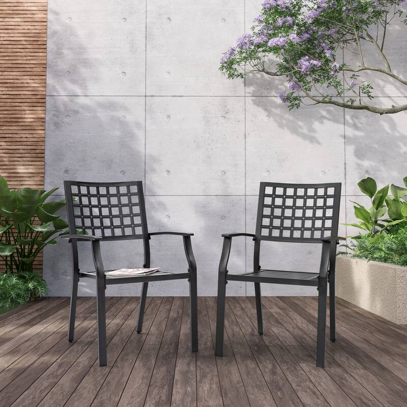 Nuu Garden Outdoor 2-Piece Stackable Dining Chair Set, Powder-coated Iron Frame, Black