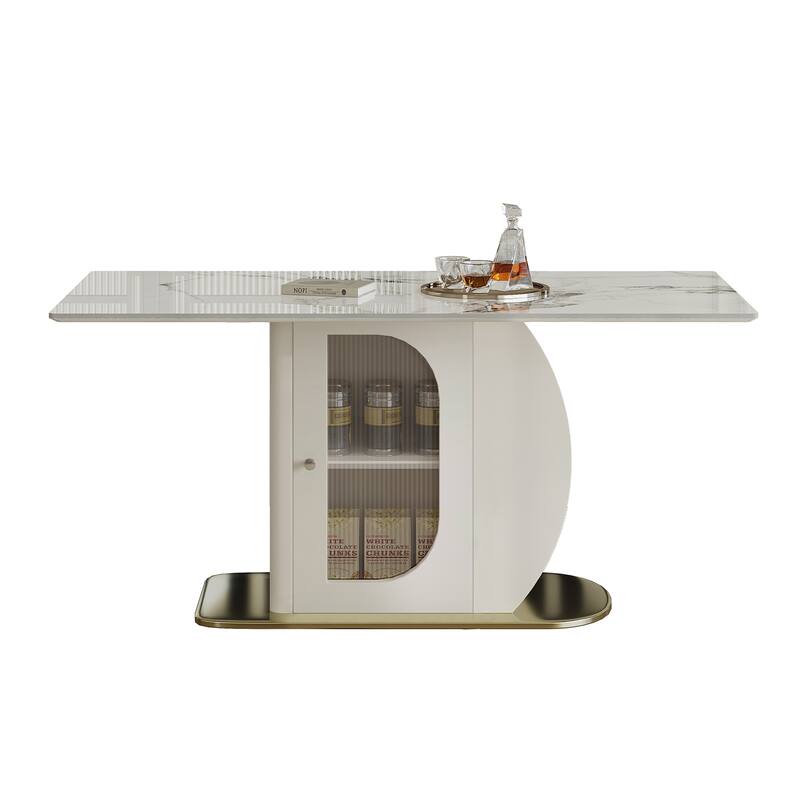Dining Table for 4-6 People, Kitchen Table with Storage Shelf & Acrylic Door Cabinet, Home Office Table with Marble Top