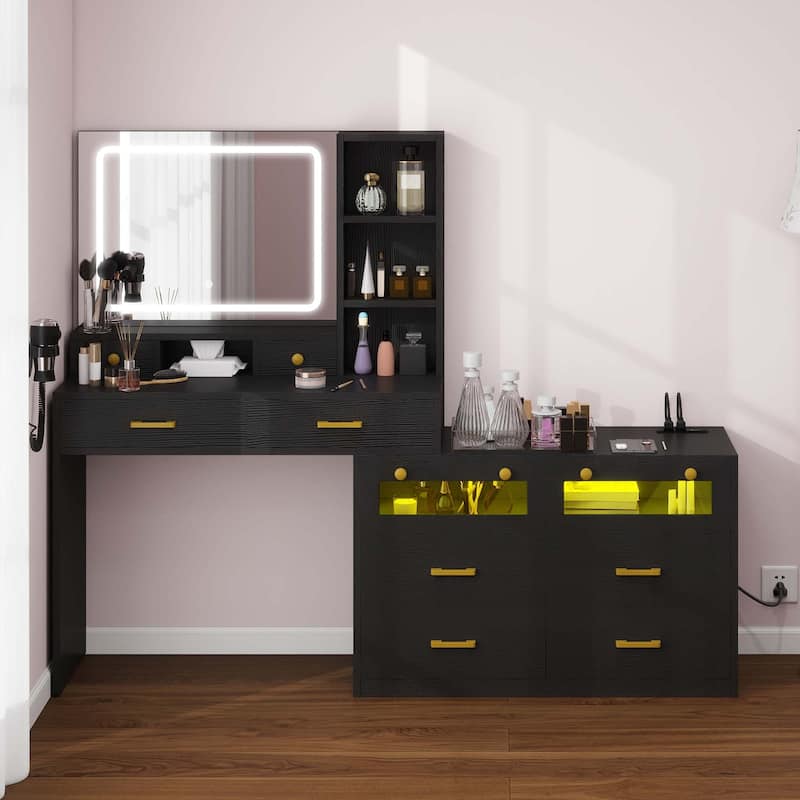 Moasis 64.9'' Makeup Vanity Desk Set with Drawers Storage Dresser & LED Lighted Mirror - Black
