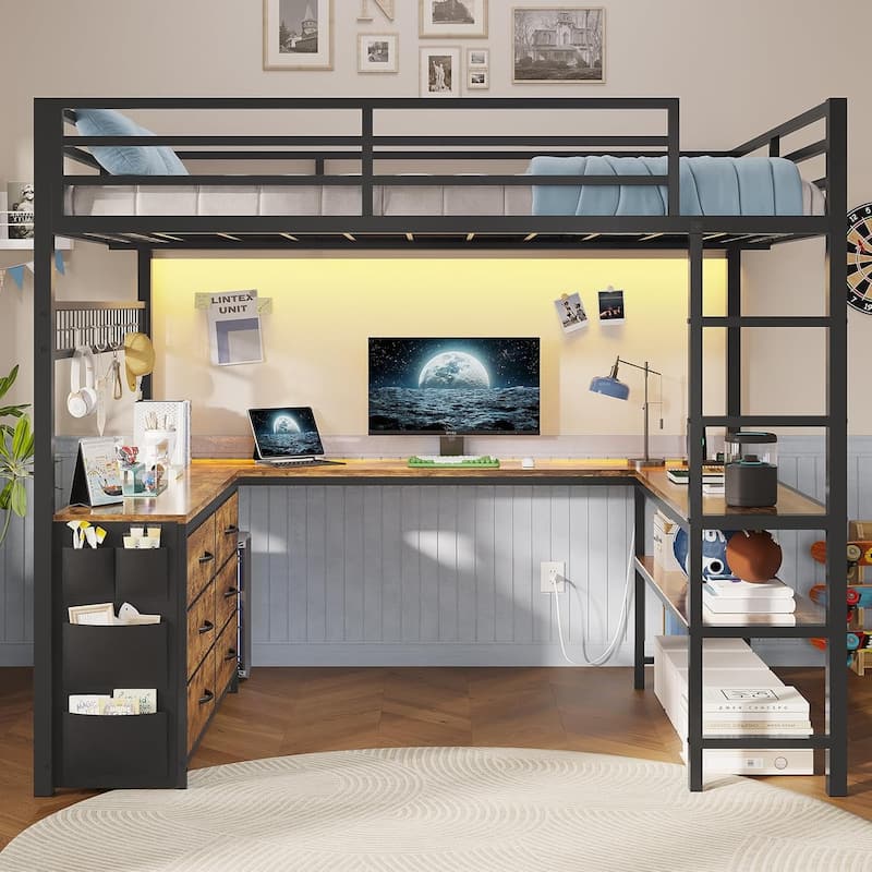Loft Bed with Full Size U-Shaped Desk 6 Drawers Power Outlet 2 Storage Shelves