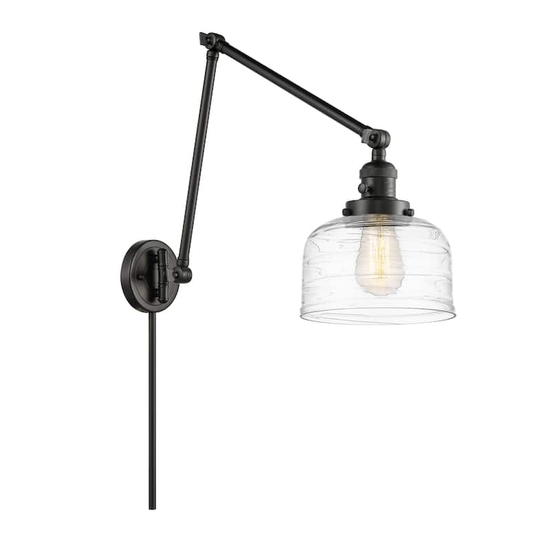 Innovations Lighting Bell - 1 Light 8" Double Extension Swing Arm - 8" Shade - Plug In or Hardwired - Matte Black/Clear Deco Swirl