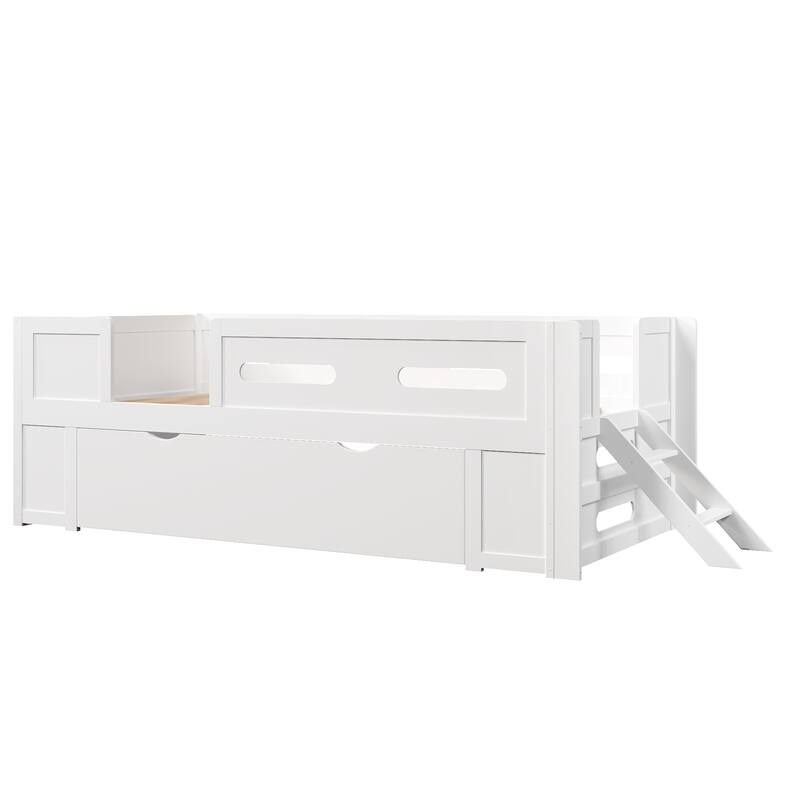 Roomfitters Full/Twin Size Wood Platform Bed with Underbed Storage Drawer and Safety Guardrails, Modern Low Loft Frame