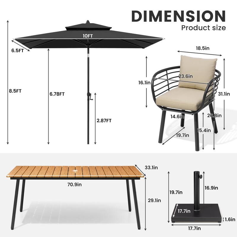 9/11-PieceOutdoor Patio Dining Set with Sunbrella Cushions Aluminum Dining Table and Chairs w/10 ft Umbrella and Base