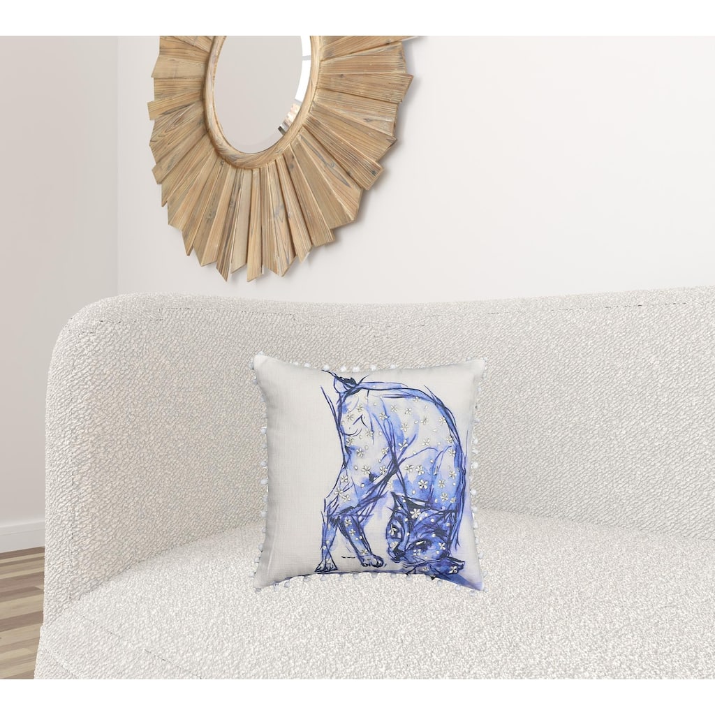 18" X 18" Blue And White Abstract Cat Throw Pillow With Pom Poms