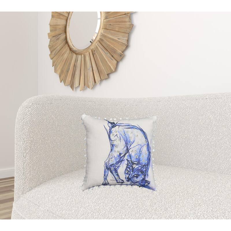 18" X 18" Blue And White Abstract Cat Throw Pillow With Pom Poms - Polyester - 18.00 in. x 10.00 in. x 18.00 in. - Pillow Sets - White/Blue