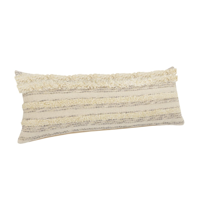 HomeRoots 14" X 36" Cream Gray And Gold 100% Cotton Striped Zippered Pillow