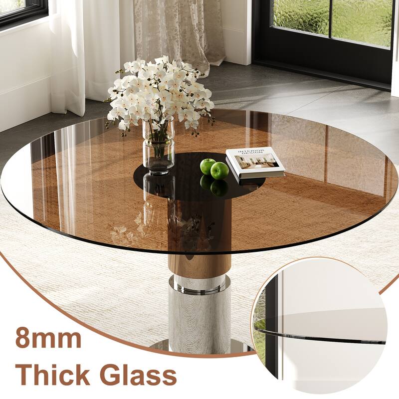 35-Inch Round Glass Dining Table, Tempered Glass Tabletop, Stainless Steel Legs, Suitable for 2-4 People - Brown
