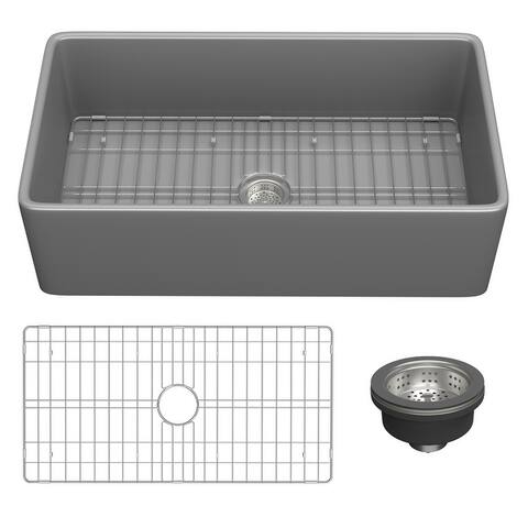 Fireclay Farmhouse Kitchen Sink with Bottom Grid and Basket Strainer