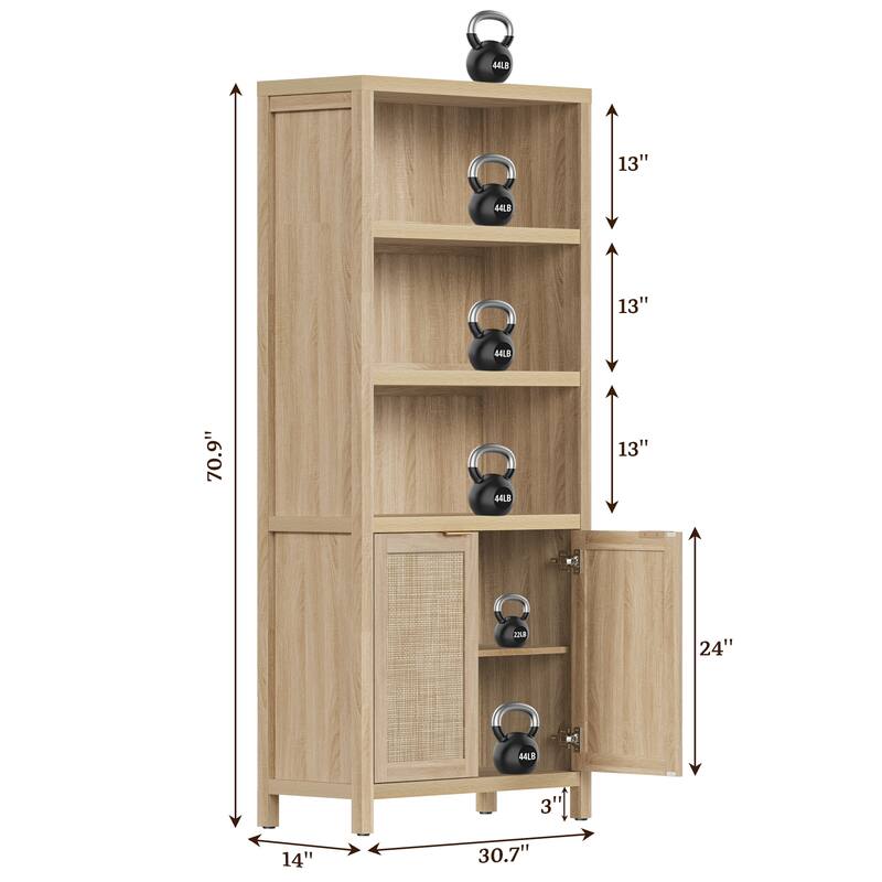 SICOTAS 5 Tier Adjustable Bookcase with Rattan Storage Cabinet