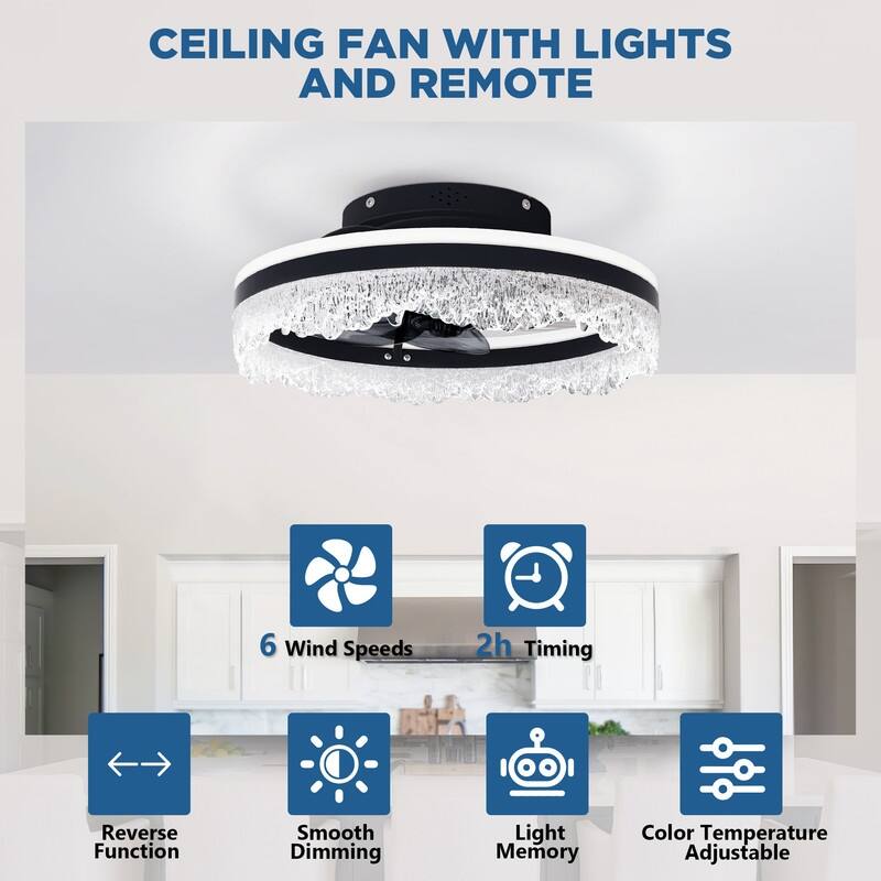 Smart Silent LED Ceiling Fan with Light Crystal Flush Mount, Hidden Blades