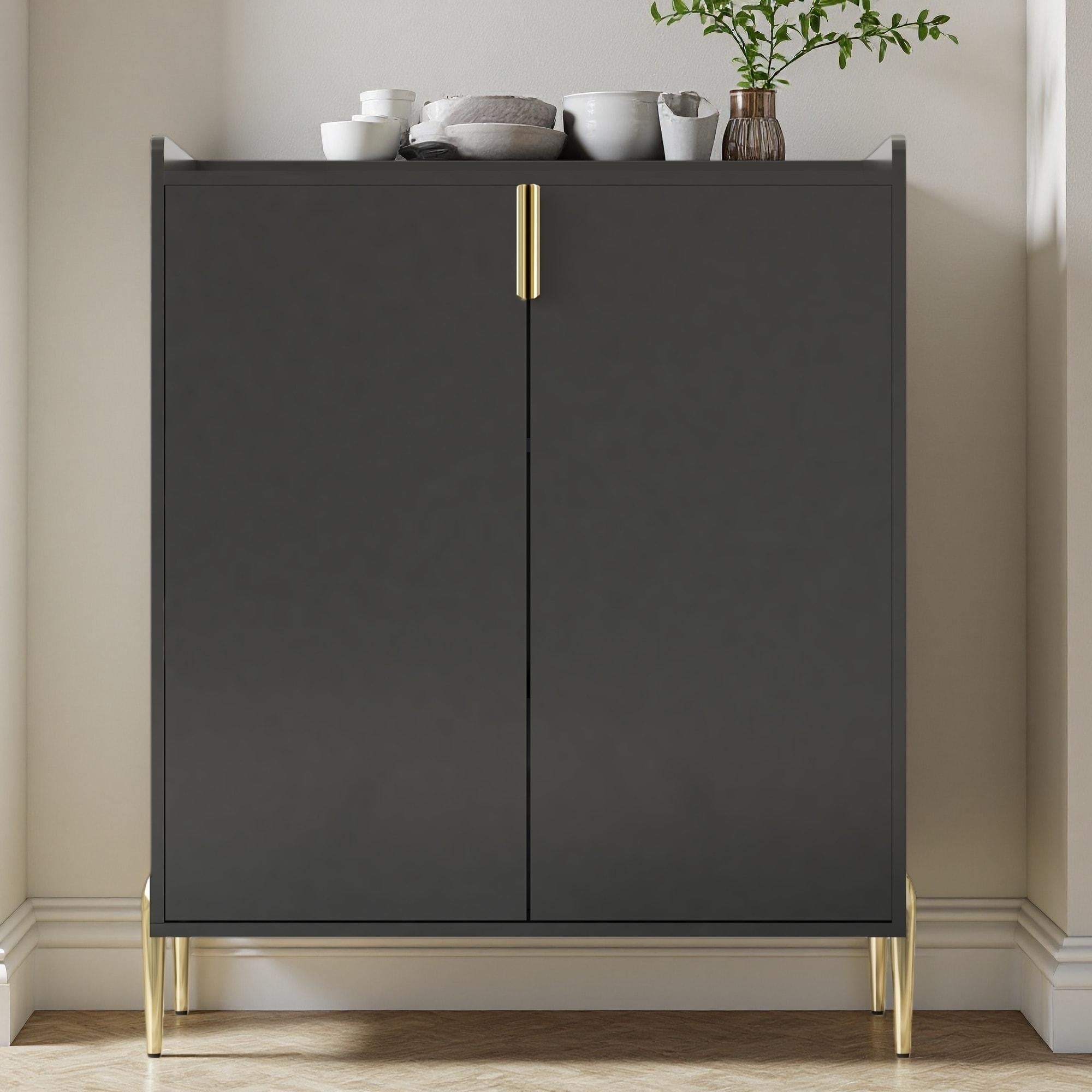 39.37"H Wood 2-Door Wine Bar Sideboard Cabinet with Wine Rack and Adjustable Shelf and Soft-Closing Hinges for Dining