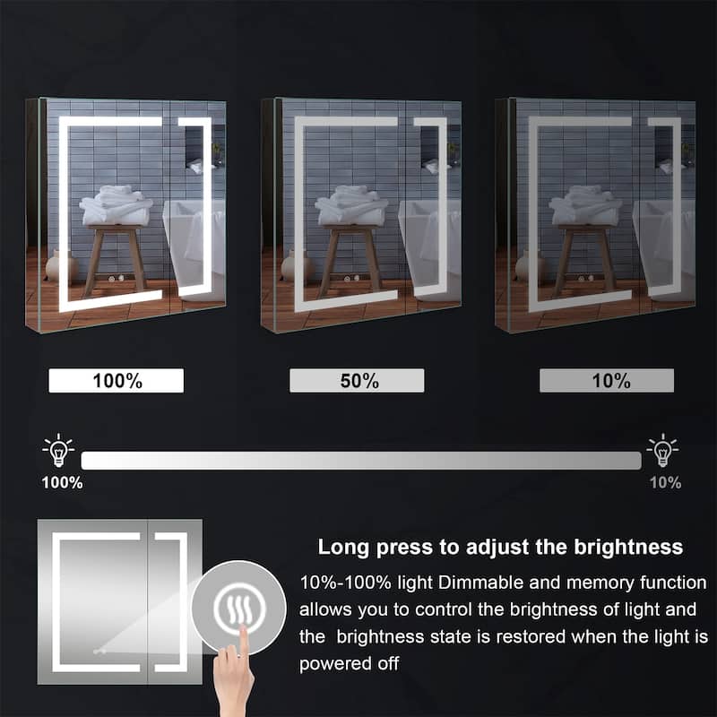 30" H Recessed or Surface LED Mirror Cabinet with Adjustable Glass Shelves,Defogger, Dimmer And Outlets & USB Ports