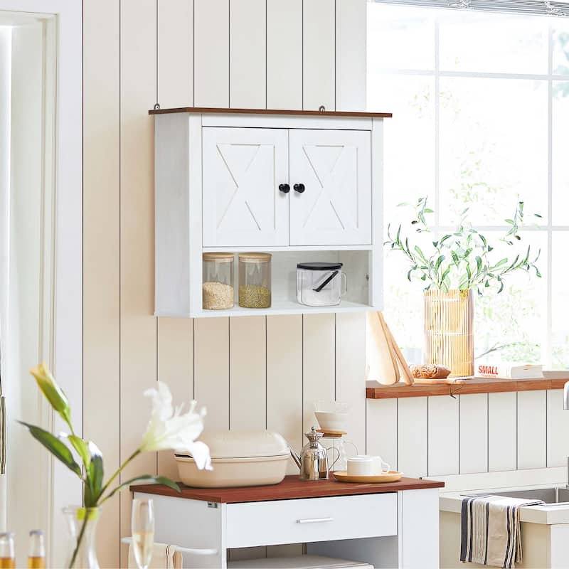 White Manufactured Wood Farmhouse 2-Door Bathroom Wall Cabinet - 20.6" H x 23.6" W x 7.7" D