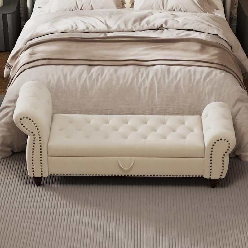 64.5" Bench for Bed Room Nails Tufted Chaise of Lounge with Storage Velvet Upholstery Khaki