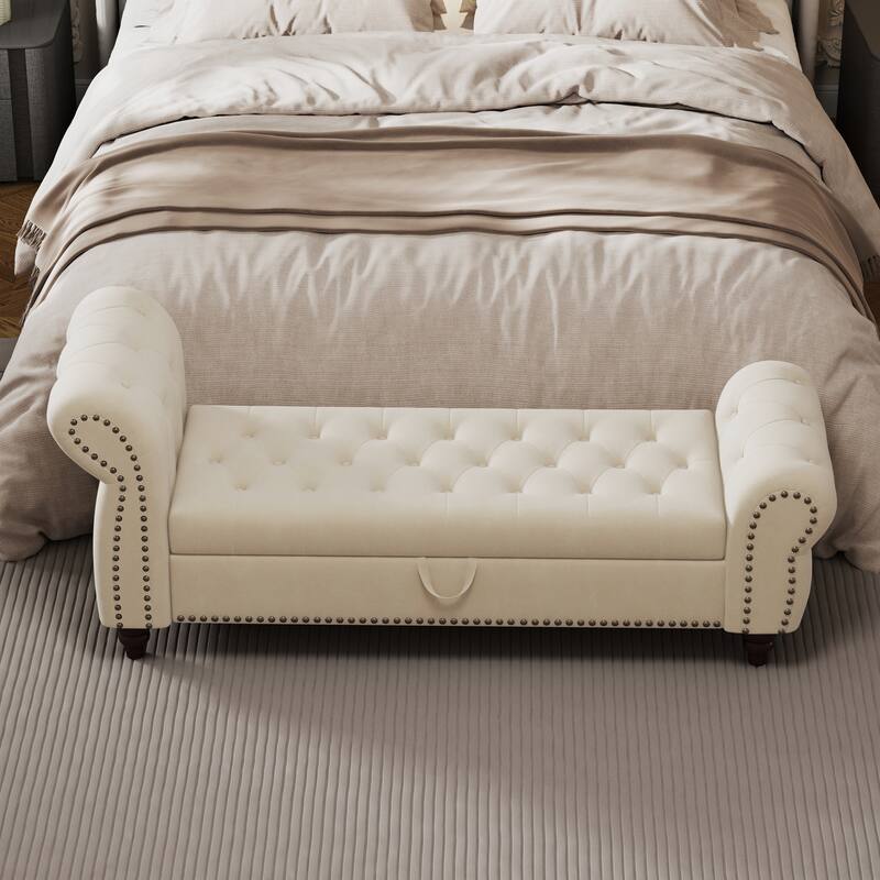 64.5" Storage Bench for Bedroom, Large Capacity Upholstered Ottoman, End of Bed Tufted Chaise Lounge with Rolled Arm