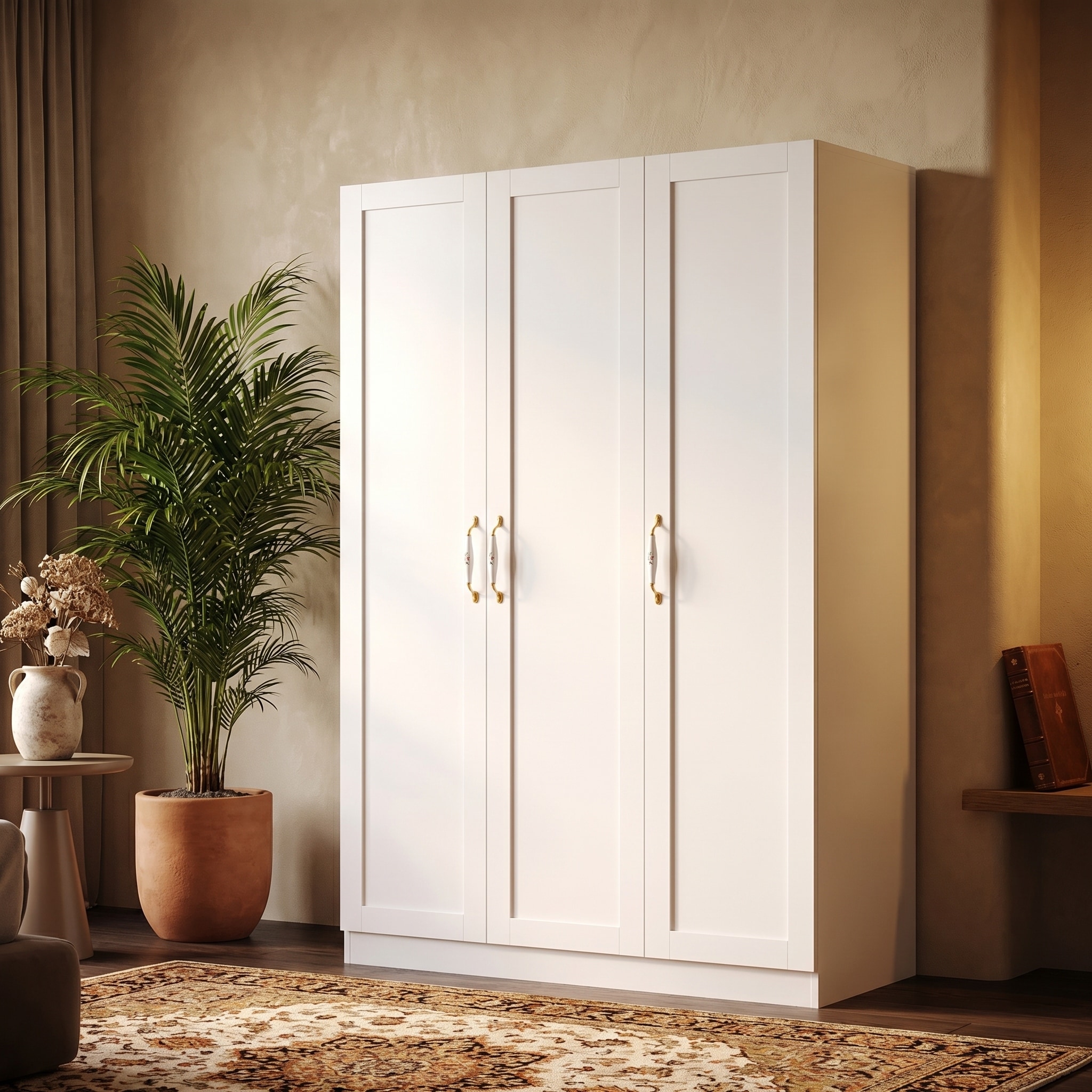 Modern White Wardrobe Closet with 3 Doors, Freestanding Armoire with Hanging Rods and Shelves