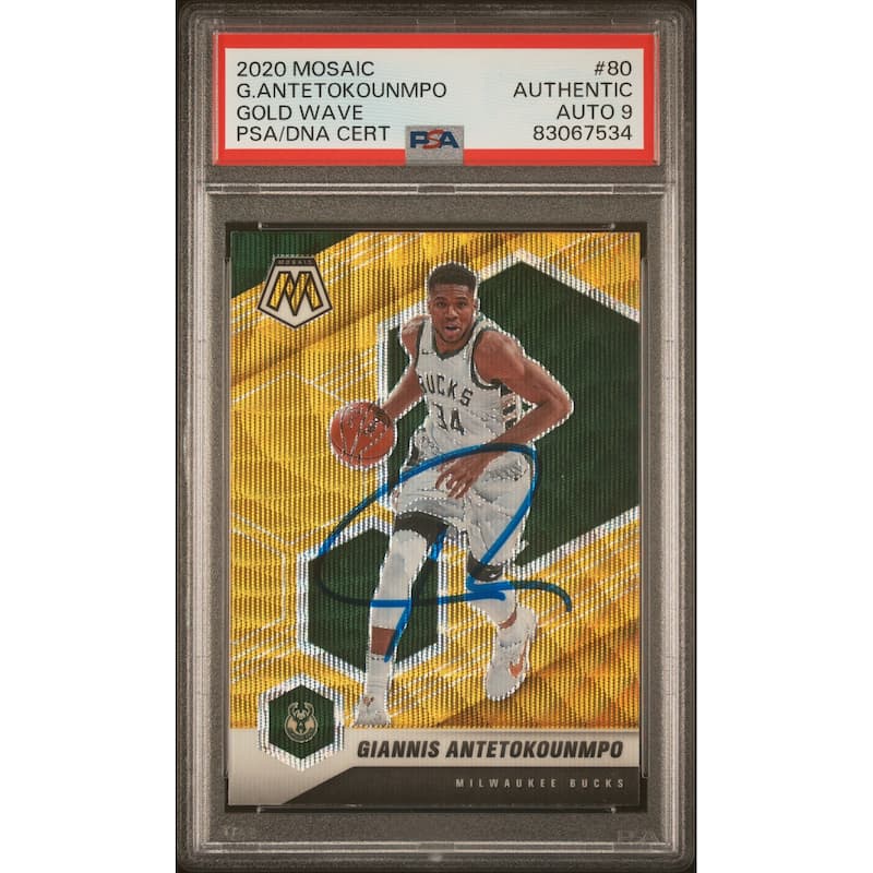 Giannis Antetokounmpo 2020 Panini Mosaic Gold Wave Signed Card #80 Auto PSA 9 - 8'6" x 11'6"