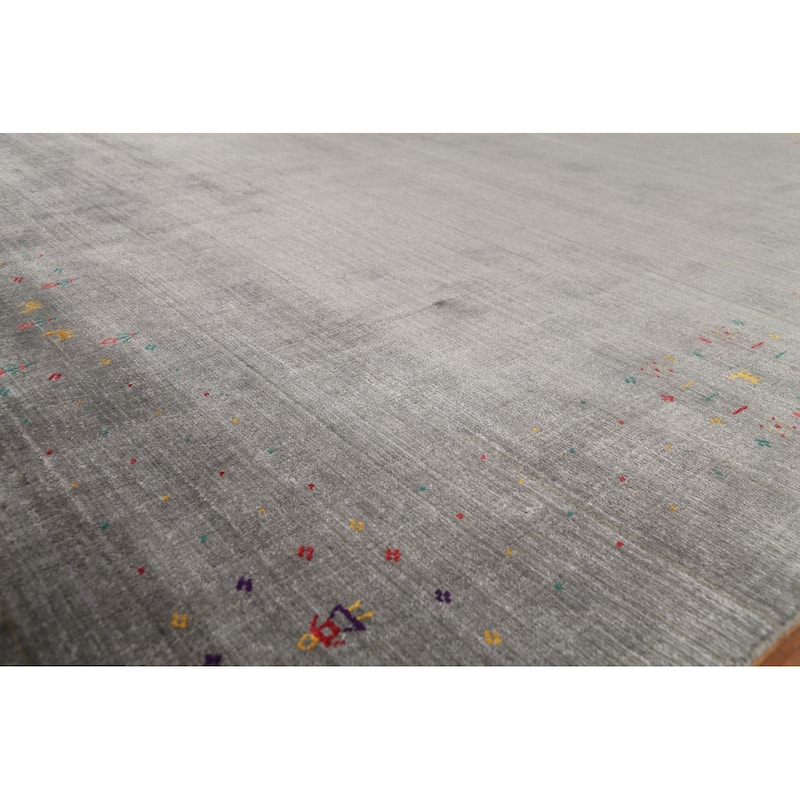 Striped Gabbeh Square Area Rug Handmade Gray Wool Carpet - 9'0"x 8'7"