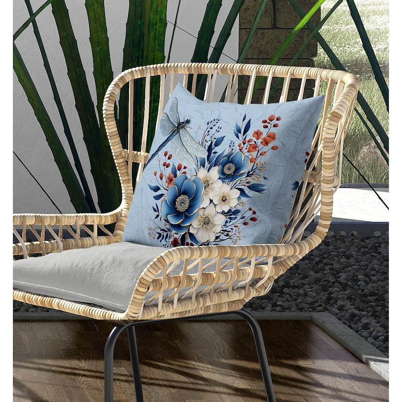 Dragonfly Haven Indoor/Outdoor Reversible Throw Pillow Blue and Cream