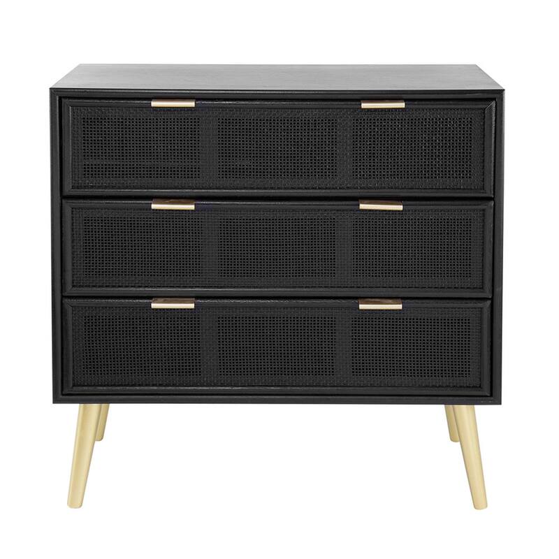31 Inch Dresser Chest Cabinet, 3 Drawers, Woven Rattan, Modern, Black, Gold