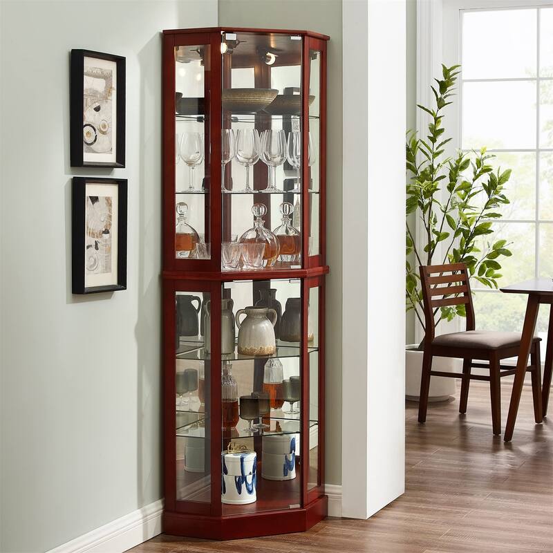 6 Shelf Corner Curio Display Cabinet with Lights, Mirrors and Shelves - Cherry