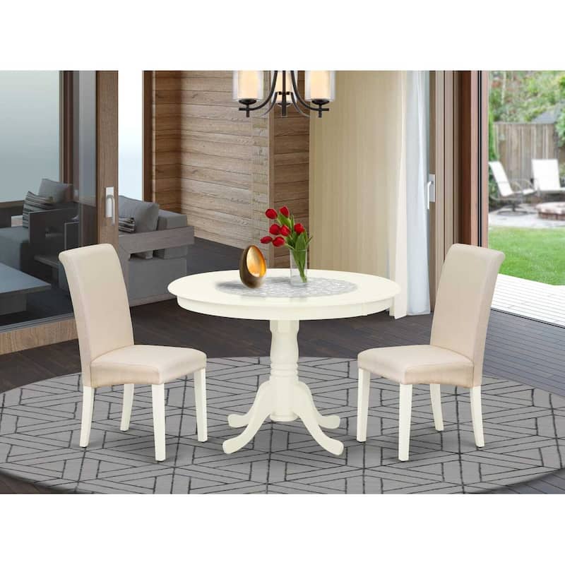 3Pc Dinette Set - Round Kitchen Table & 2 Parsons Chairs - Linen White Finish