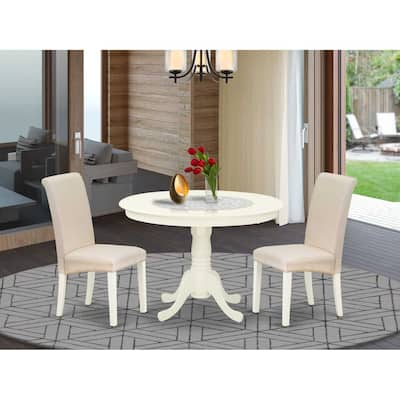 3Pc Dinette Set - Round Kitchen Table & 2 Parsons Chairs - Linen White Finish