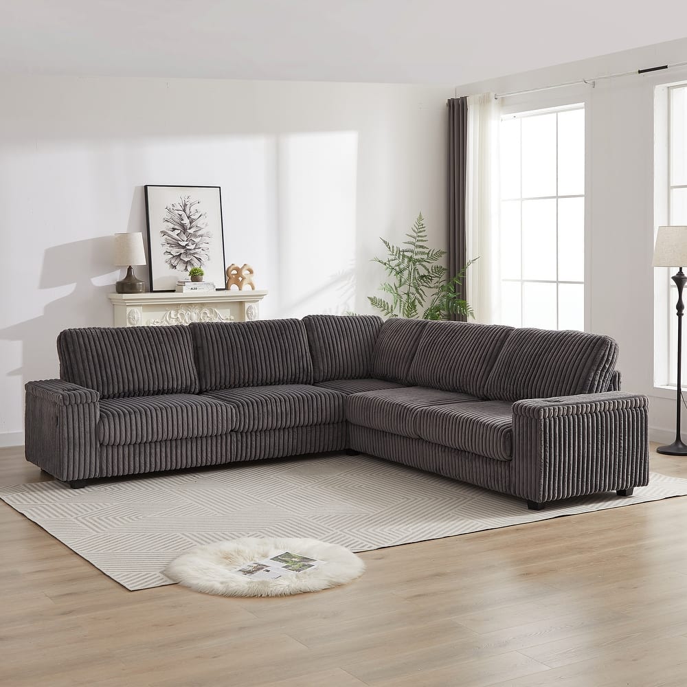 Roomfitters 110" Modern Corduroy L-Shaped Corner Sofa, Deep Seat Couch with Storage, USB & Type-C Charging Port